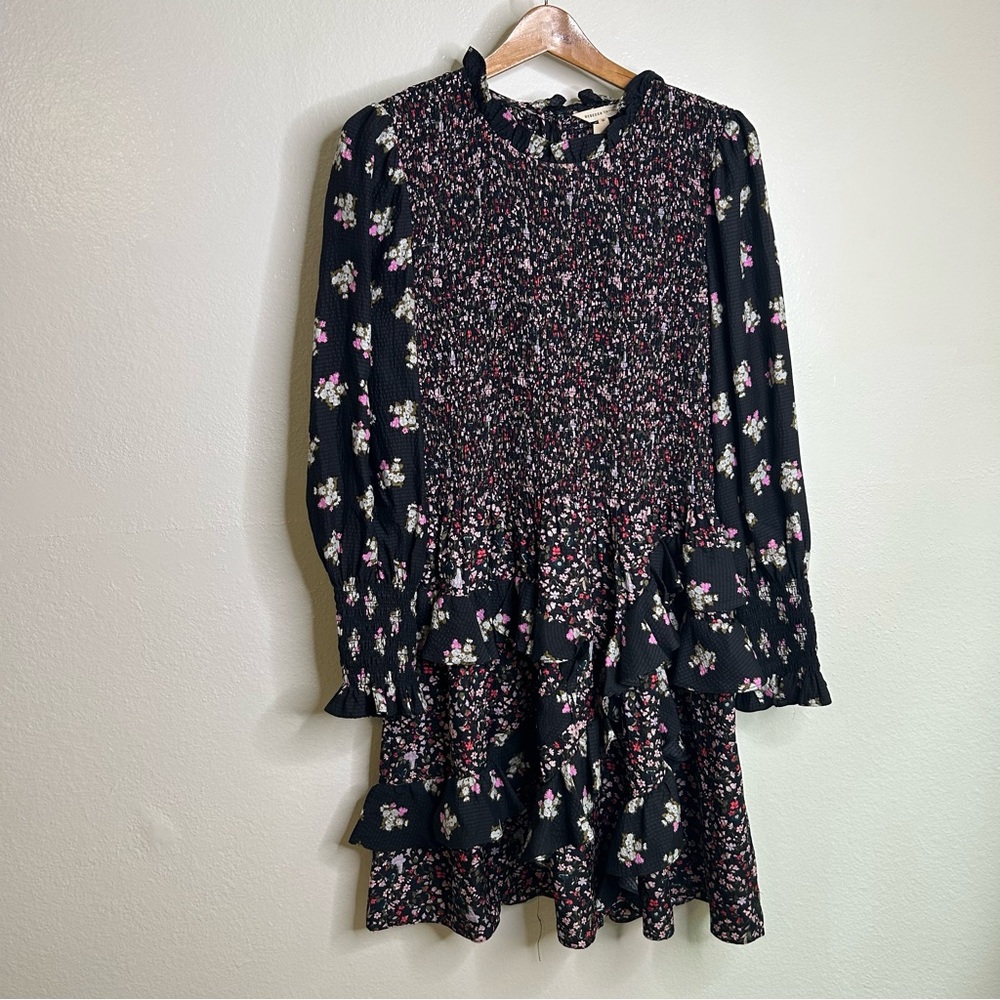 Rebecca Taylor 100% Silk Floral Smocked Long Sleeve Dress Size 10